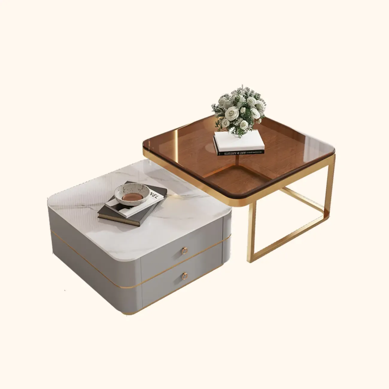 Modern Rectangular Marble Coffee Table Set with Drawers  Image - 16