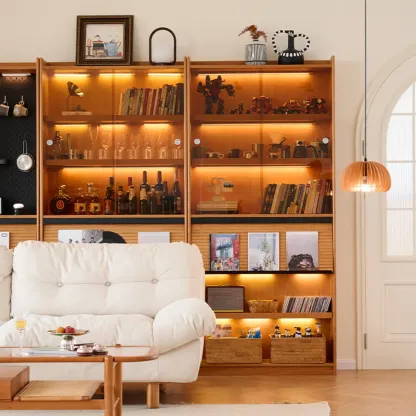 Traditional Wooden Open Display Cabinet with Storage for Living Room Image - 3