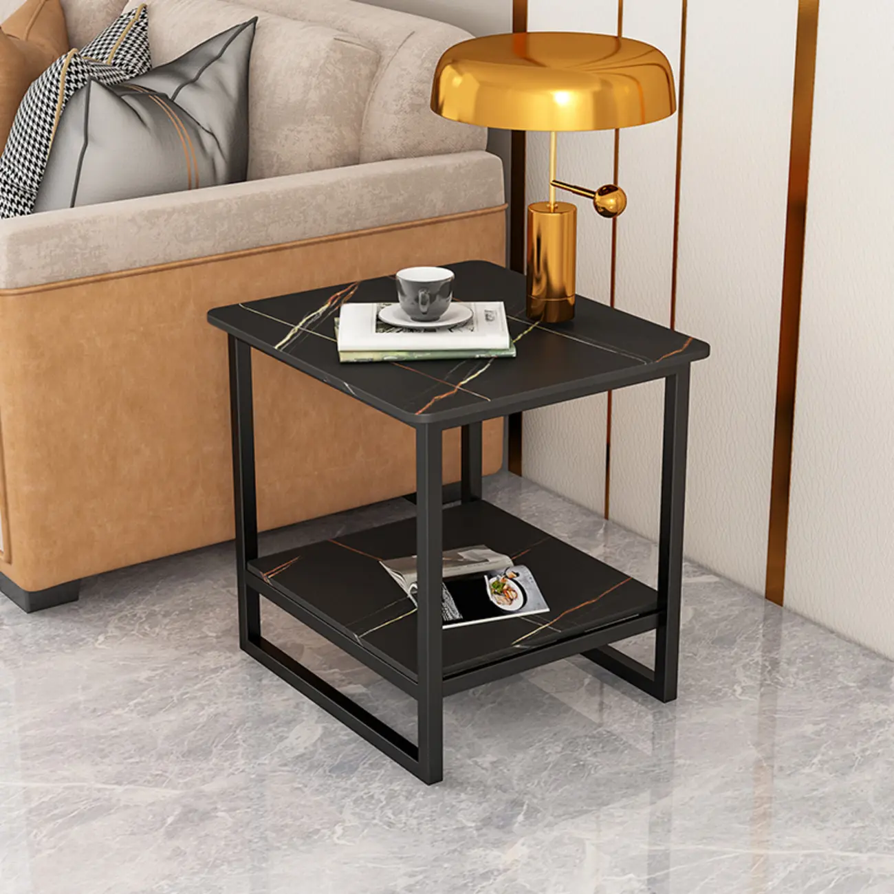 Glam Black Marble Side Table with Storage for Living Room Image - 5 | homeyfad