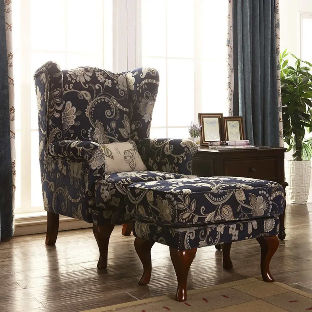Traditional Fabric Wingback Chair with Ottoman for Living Room Image - 1