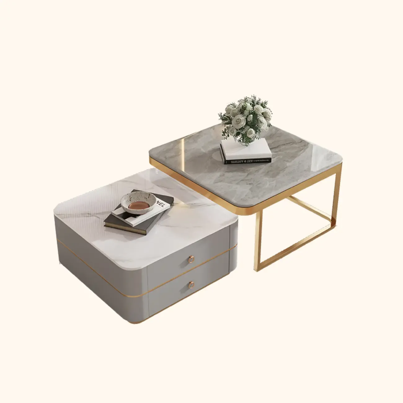 Modern Rectangular Marble Coffee Table Set with Drawers  Image - 17