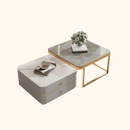 Modern Rectangular Marble Coffee Table Set with Drawers  Image - 17