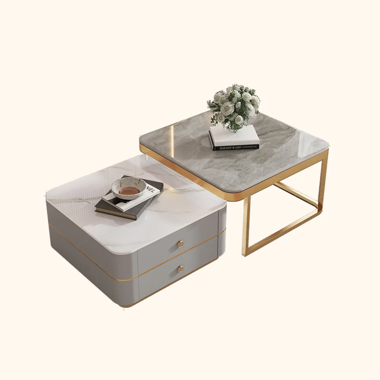 Modern Rectangular Marble Coffee Table Set with Drawers  Image - 18 | homeyfad