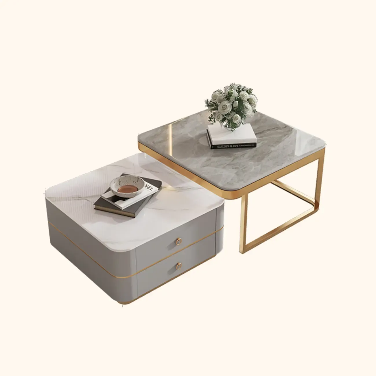 Modern Rectangular Marble Coffee Table Set with Drawers  Image - 18
