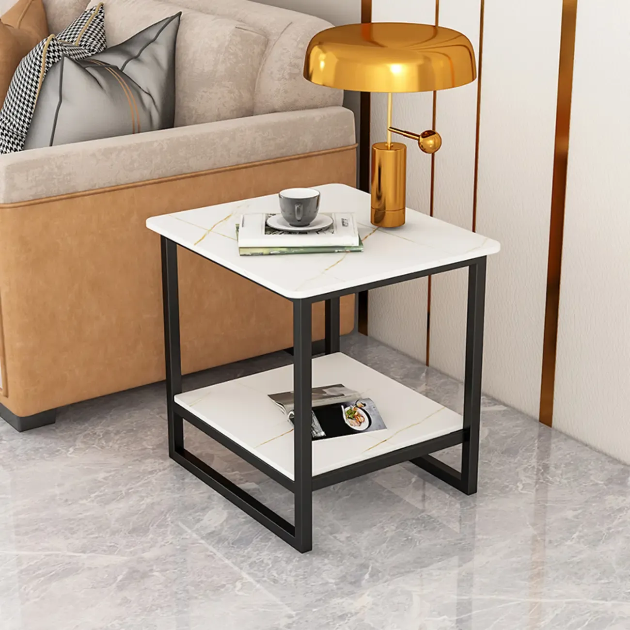 Glam Black Marble Side Table with Storage for Living Room Image - 7