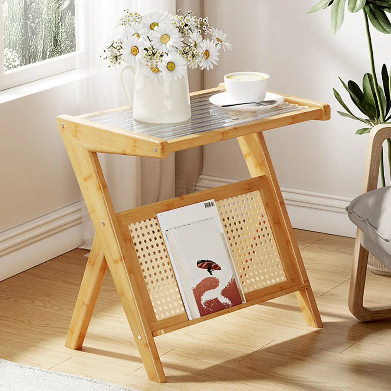 Glass Top Side Table with Magazine Rack for Living Room Image - 1 | homeyfad