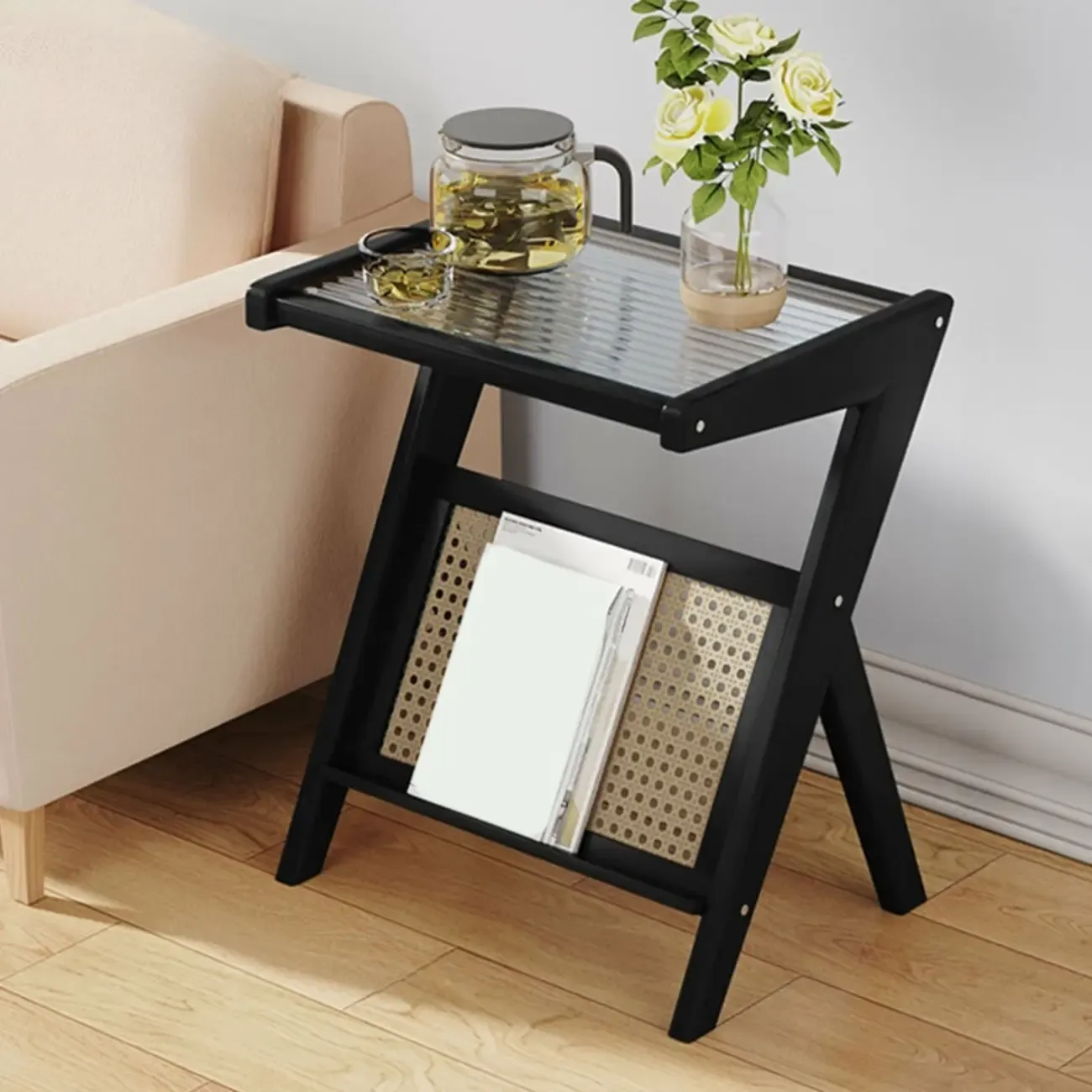 Glass Top Side Table with Magazine Rack for Living Room Image - 2