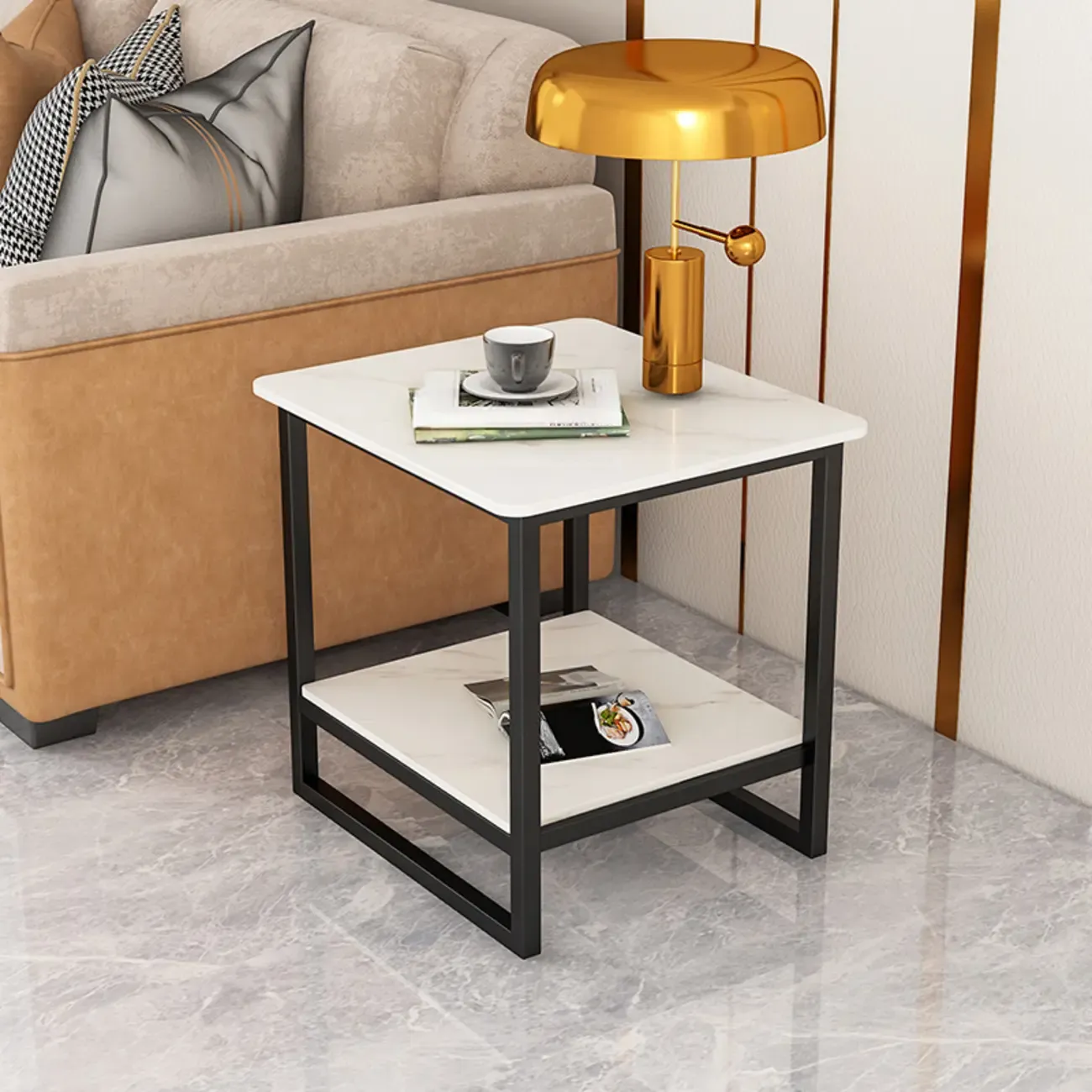 Glam Black Marble Side Table with Storage for Living Room Image - 9