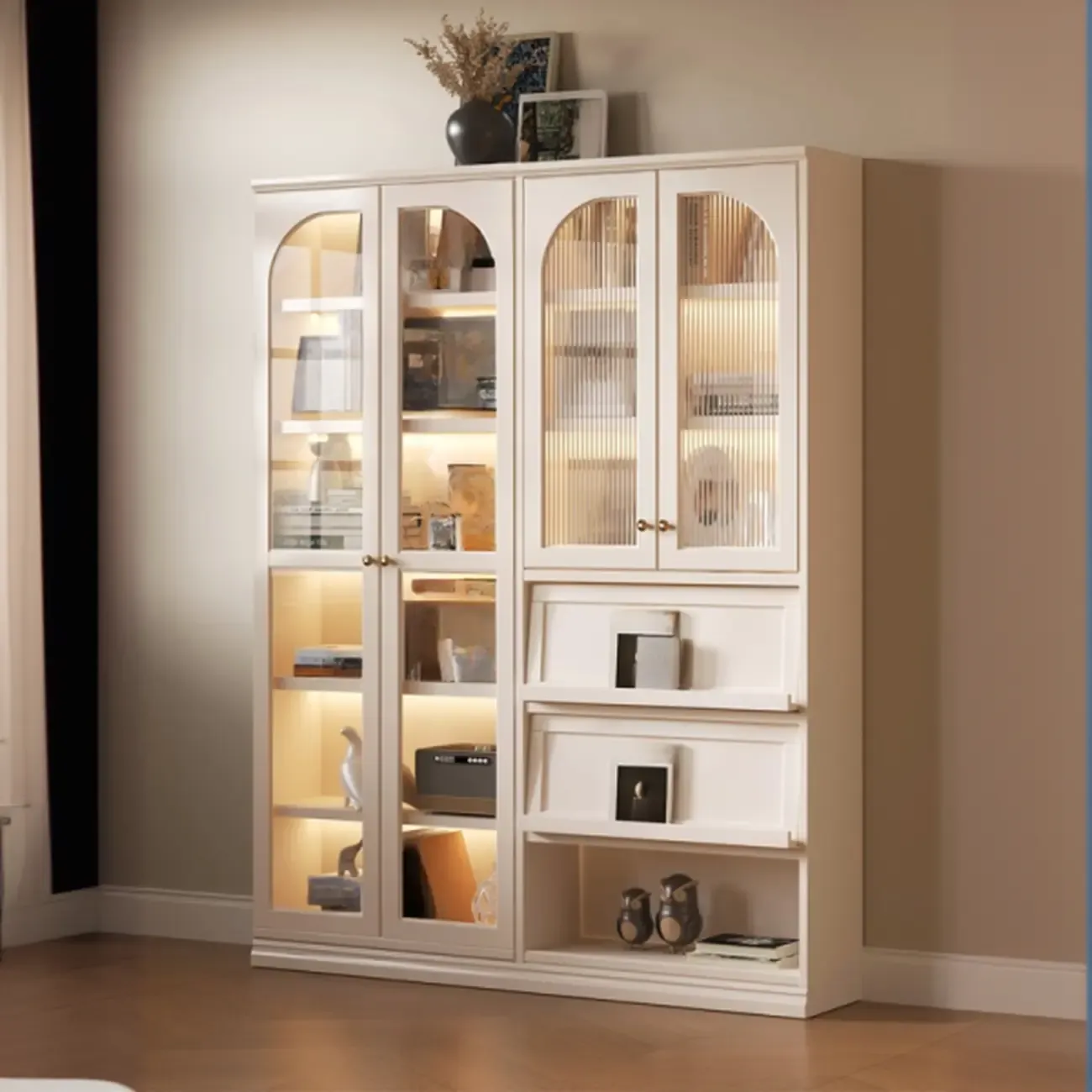 Wooden Display Cabinet with Glass Doors and Shelves Image - 2