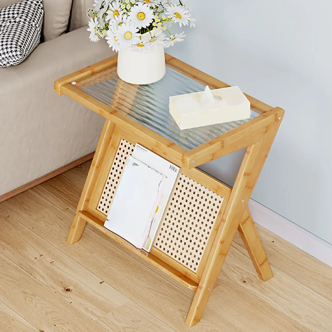 Glass Top Side Table with Magazine Rack for Living Room Image - 3
