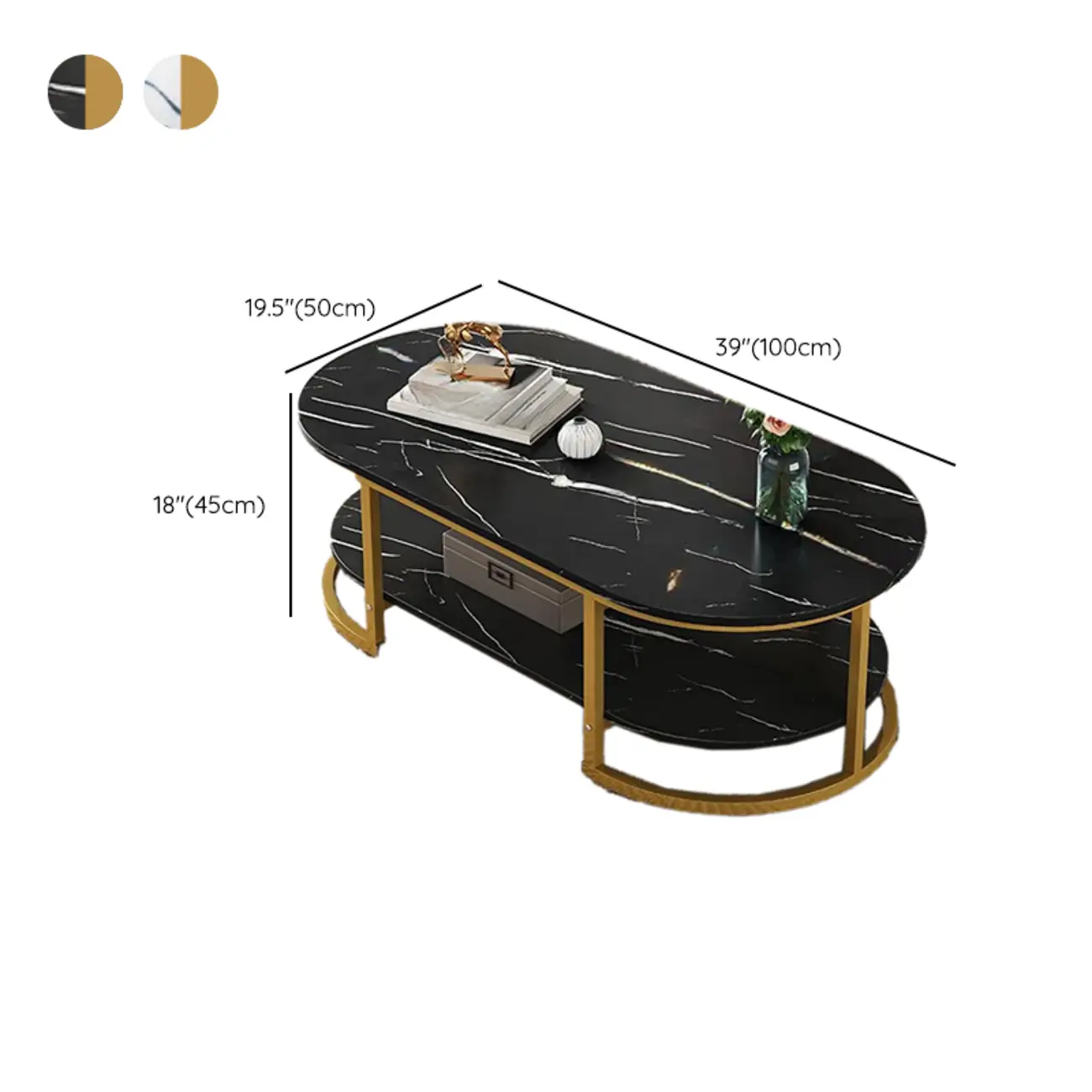 Modern Black Marble Coffee Table with A Shelf & Gold Frame #size
