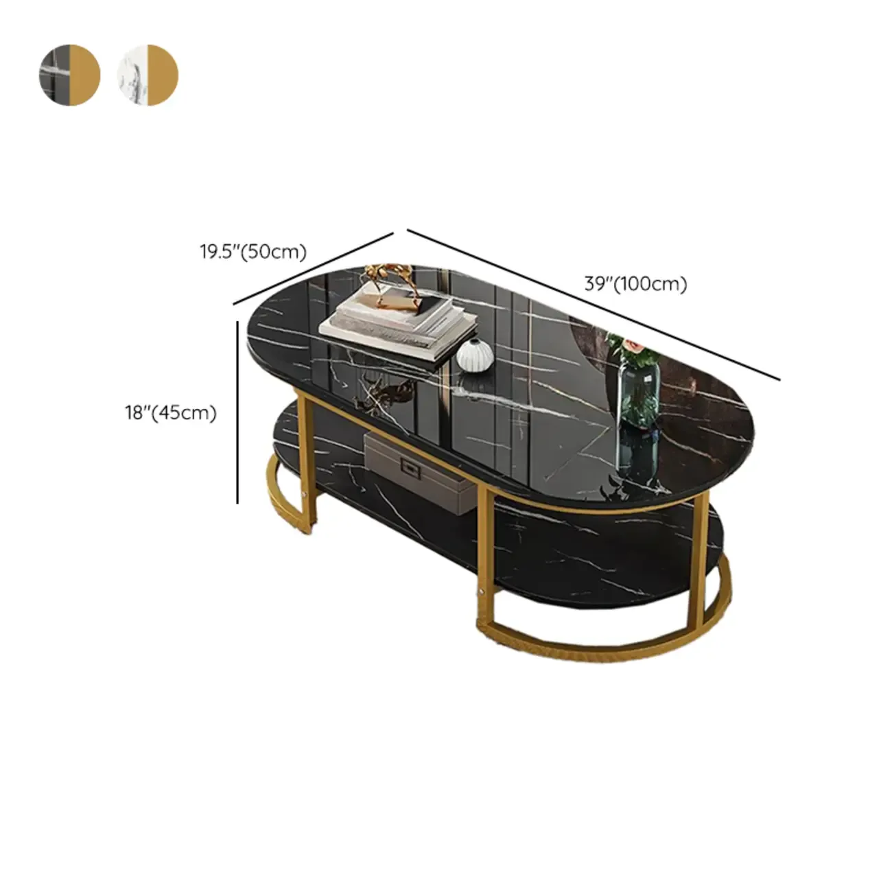 Modern Black Marble Coffee Table with A Shelf & Gold Frame Image - 19
