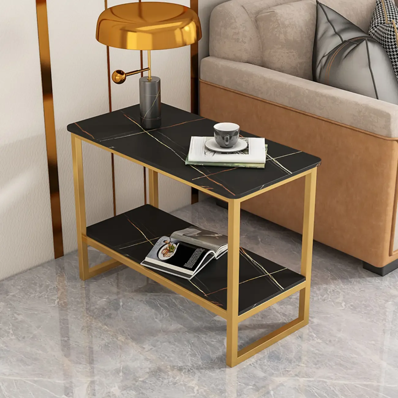 Glam Black Marble Side Table with Storage for Living Room Image - 11