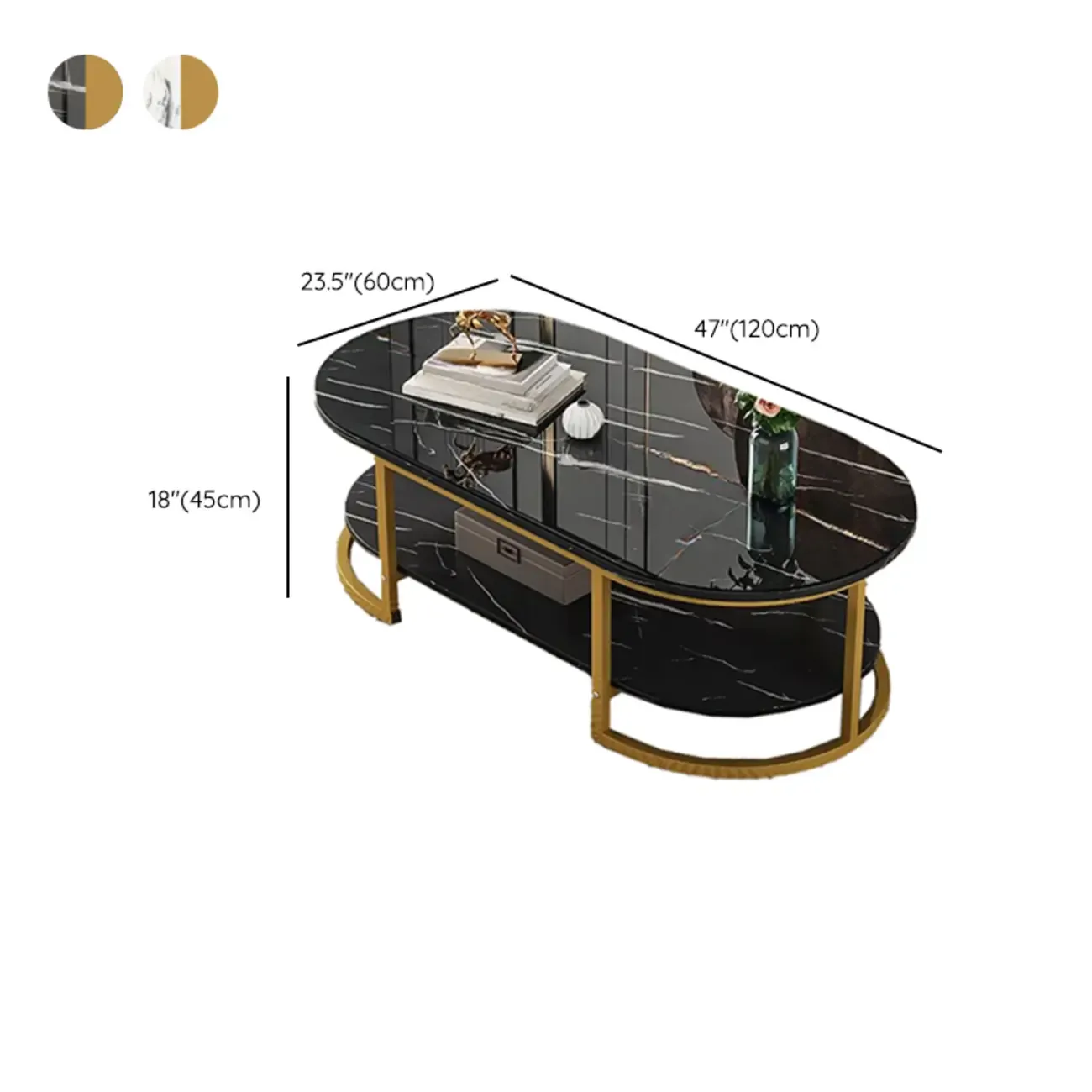 Modern Black Marble Coffee Table with A Shelf & Gold Frame Image - 21