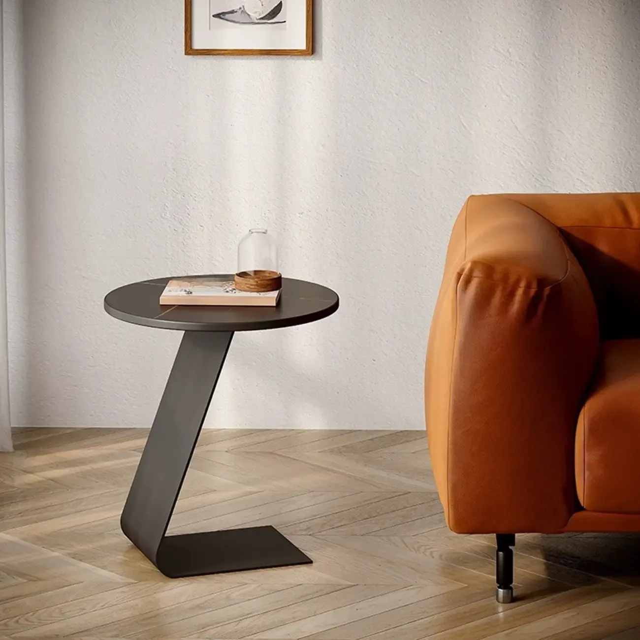 Black Metal Base Round C-Shaped Marble Side Table for Couch Image - 1