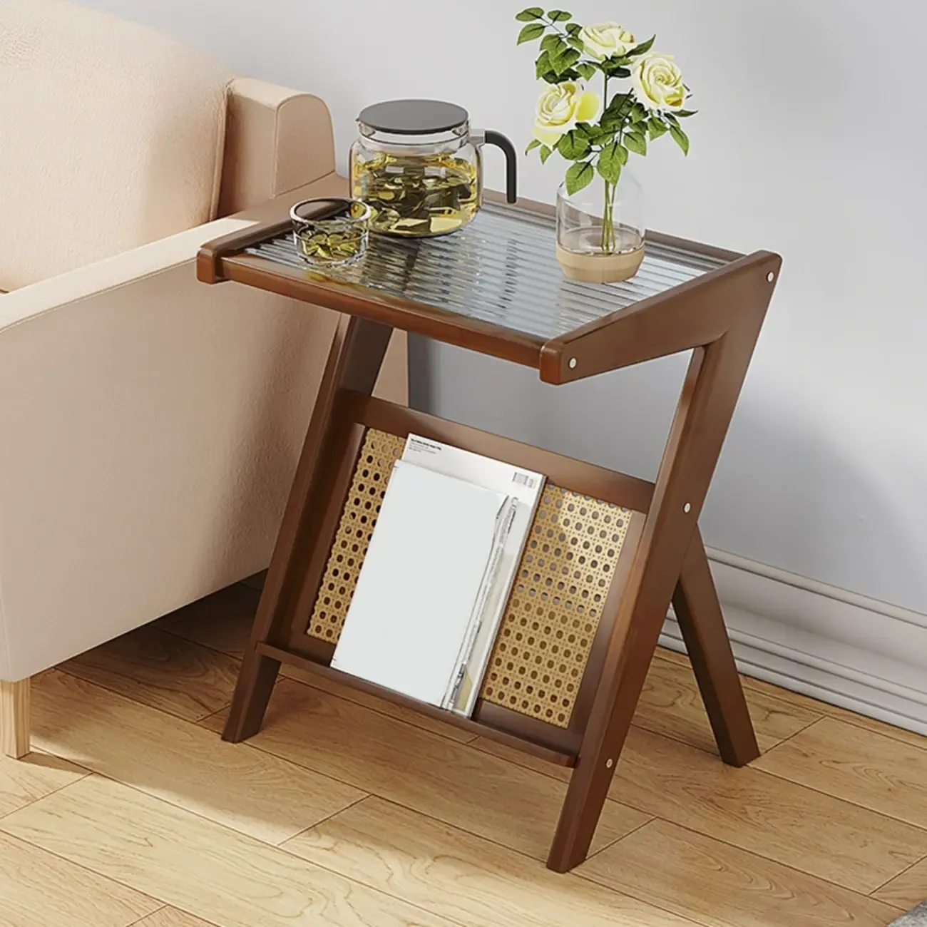 Glass Top Side Table with Magazine Rack for Living Room Image - 7