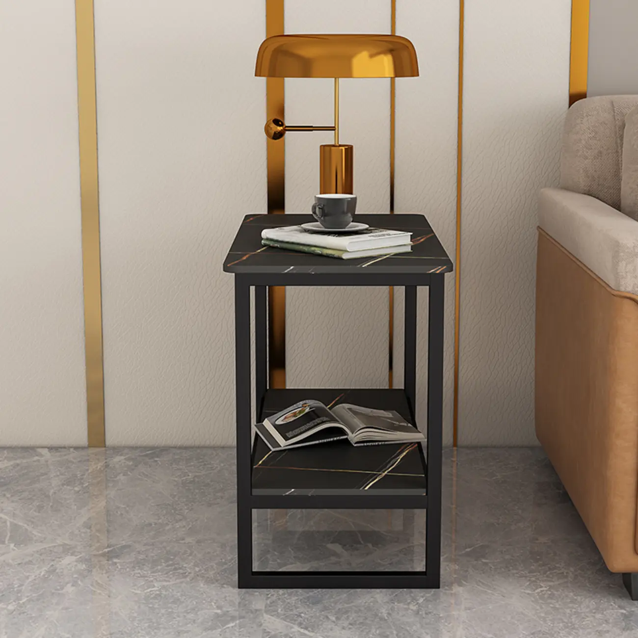 Glam Black Marble Side Table with Storage for Living Room Image - 13 | homeyfad