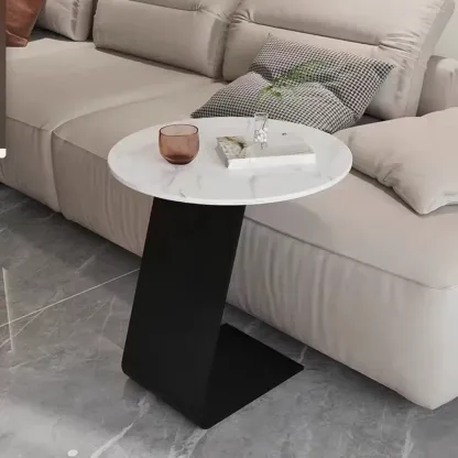 Black Metal Base Round C-Shaped Marble Side Table for Couch Image - 2