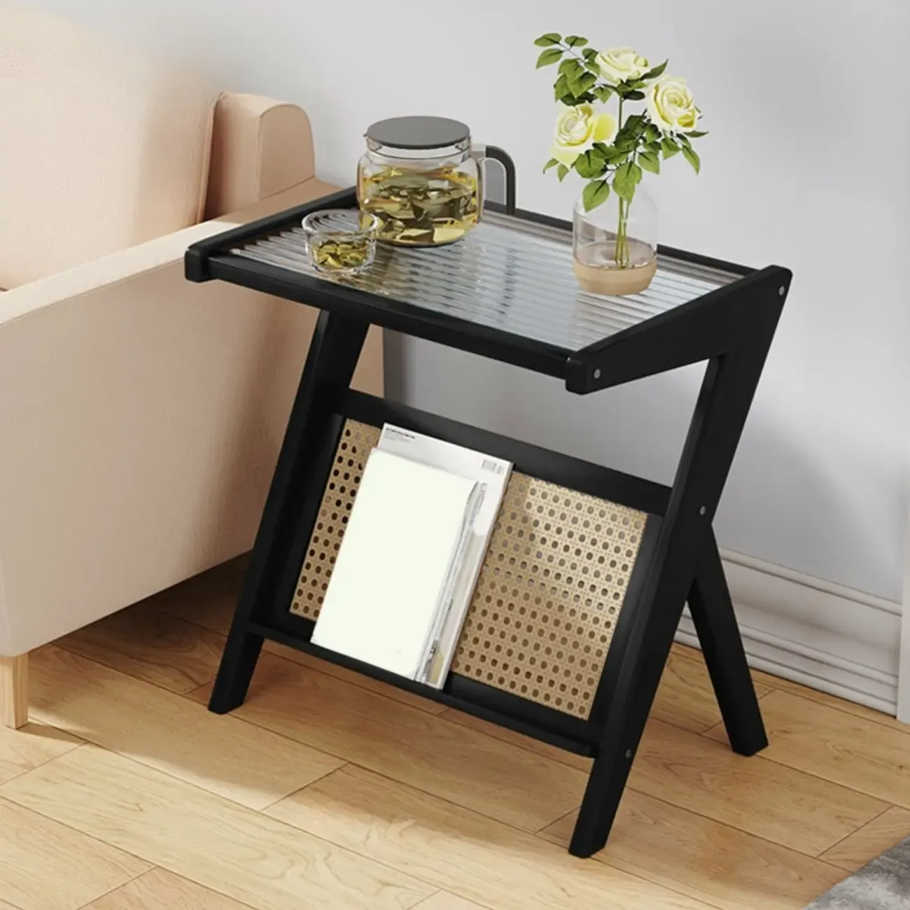 Glass Top Side Table with Magazine Rack for Living Room Image - 9