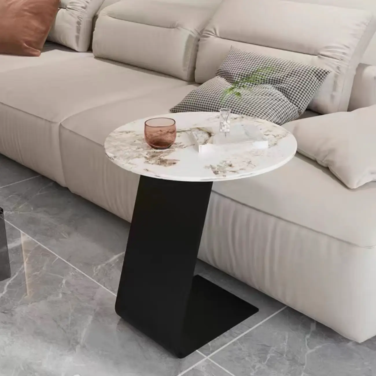 Black Metal Base Round C-Shaped Marble Side Table for Couch Image - 3 | homeyfad