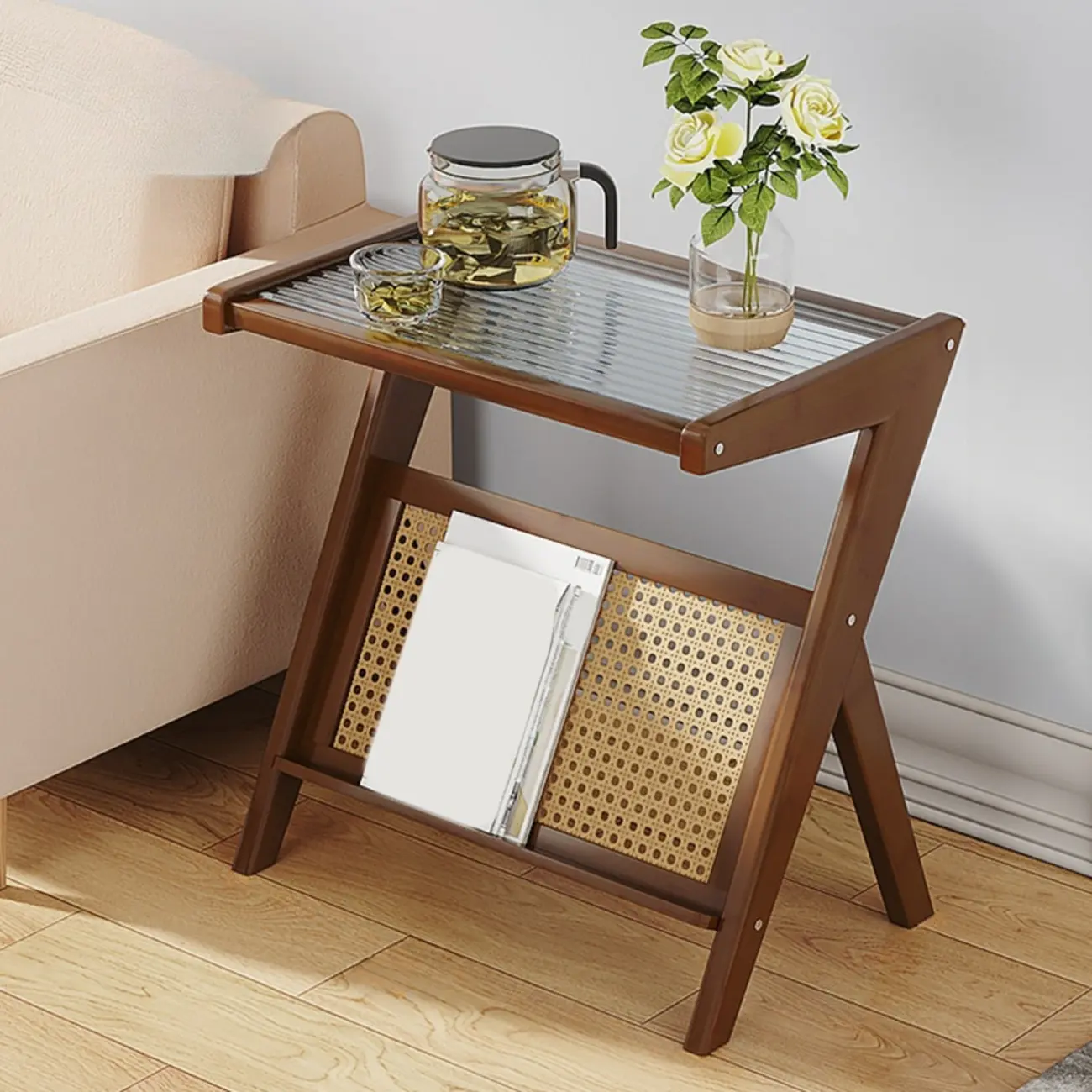 Glass Top Side Table with Magazine Rack for Living Room Image - 10 | homeyfad