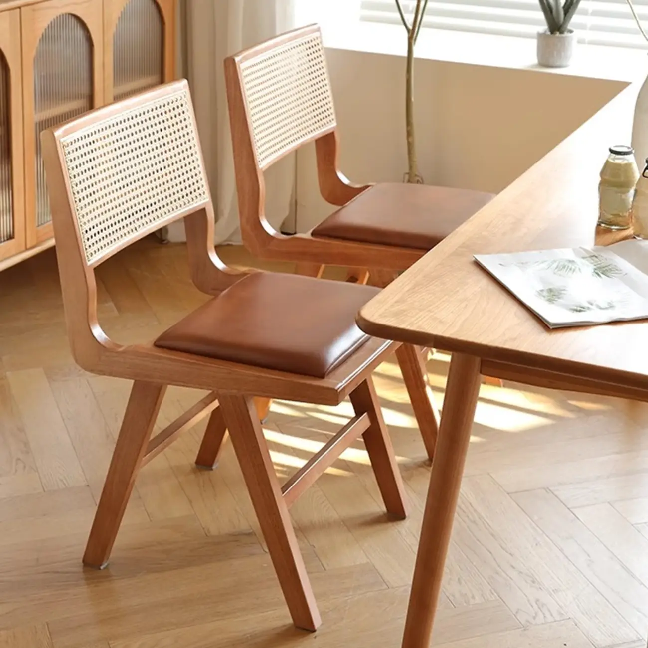 Natural Wood Armless Chair with Leather Upholstered Woven Back Image - 1 | homeyfad