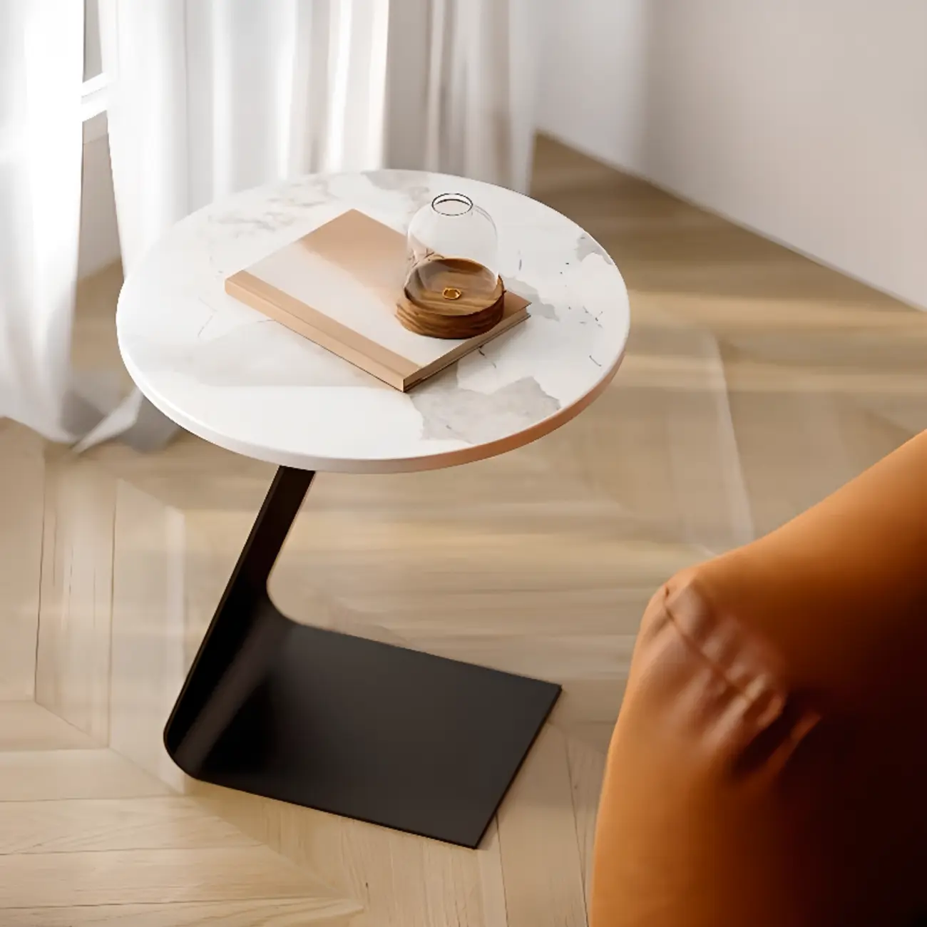 Black Metal Base Round C-Shaped Marble Side Table for Couch Image - 4 | homeyfad
