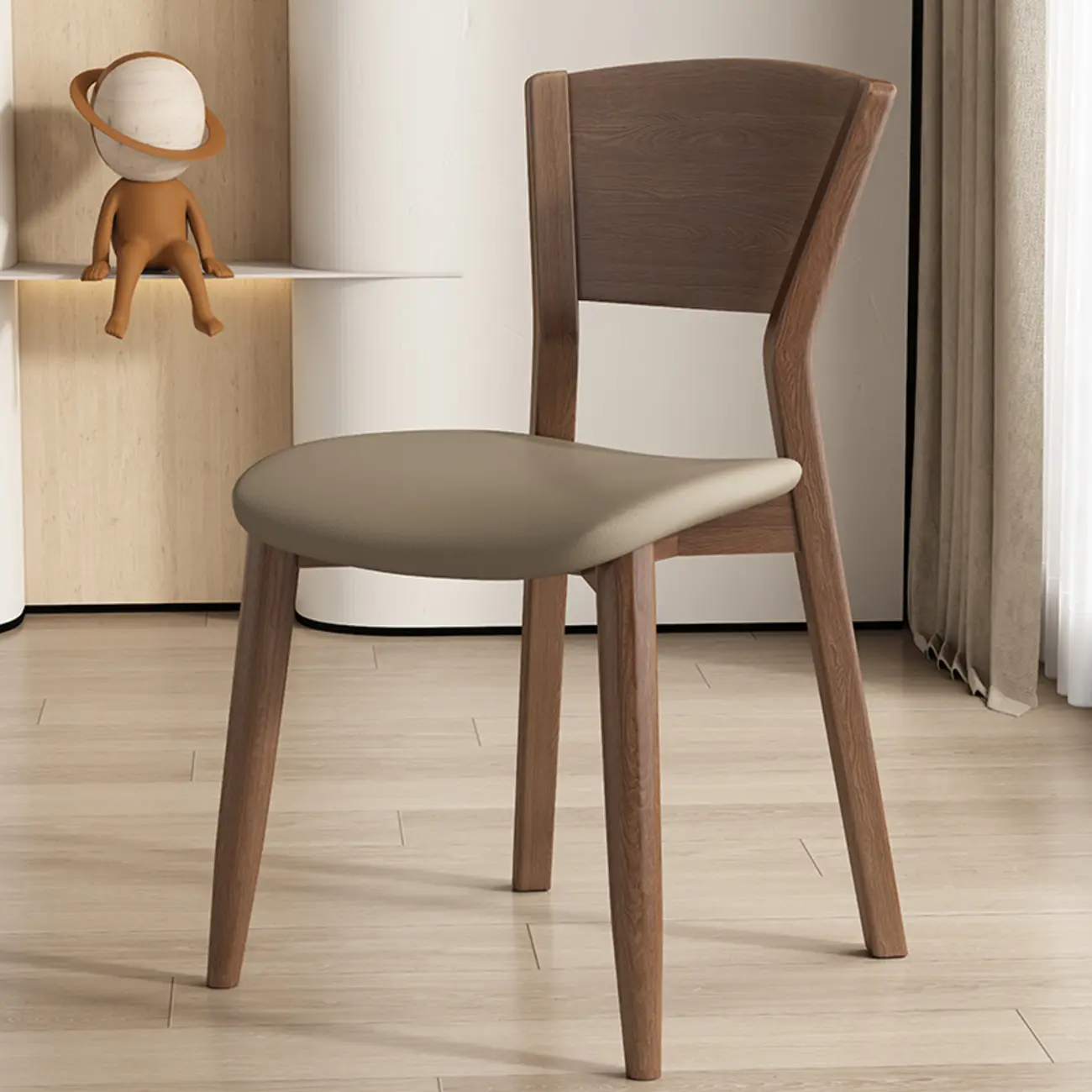 Simple Wooden Open Back Faux Leather Upholstered Dining Chair Image - 3 | homeyfad