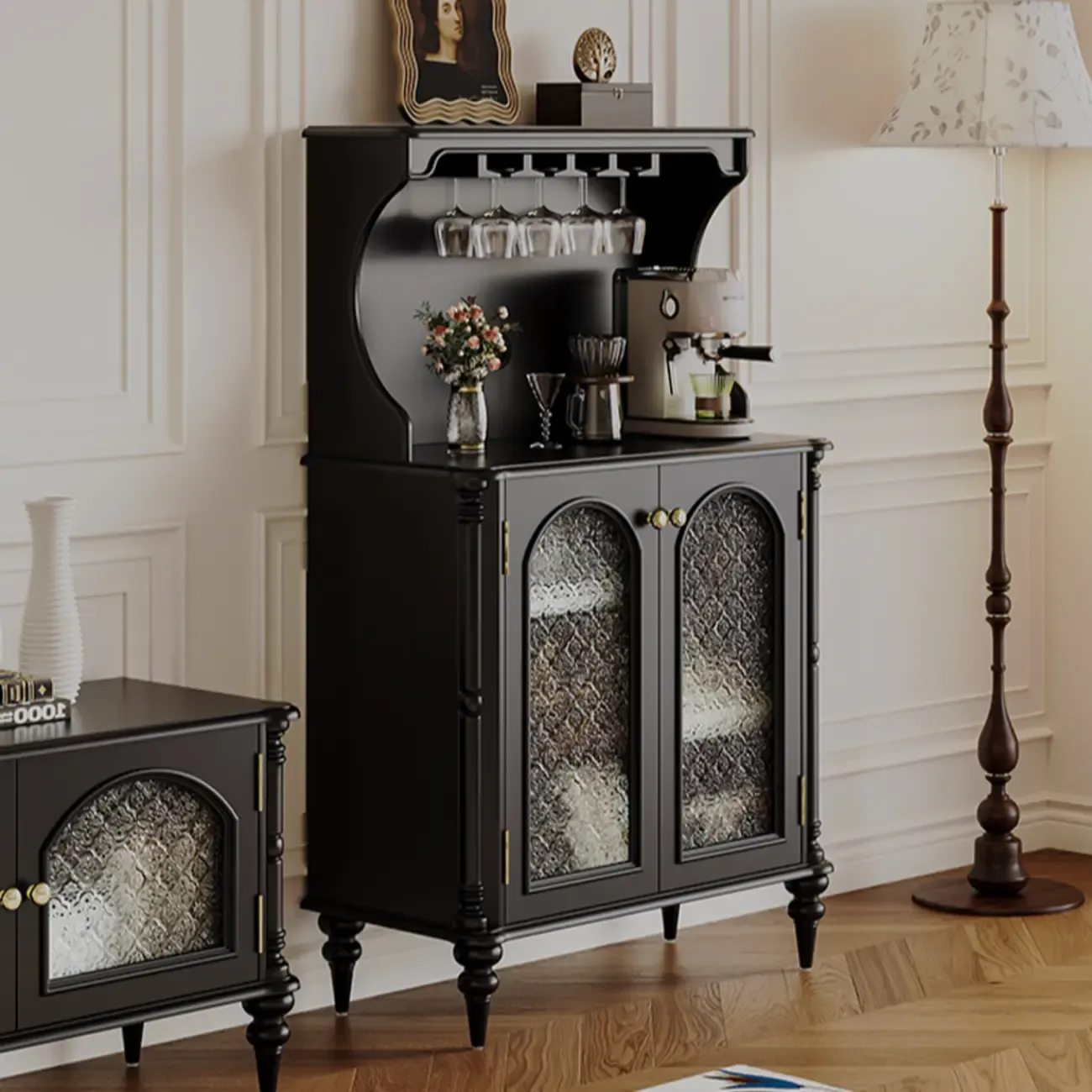 Wooden Display Cabinet with Stemware Shelf for Kitchen Image - 1