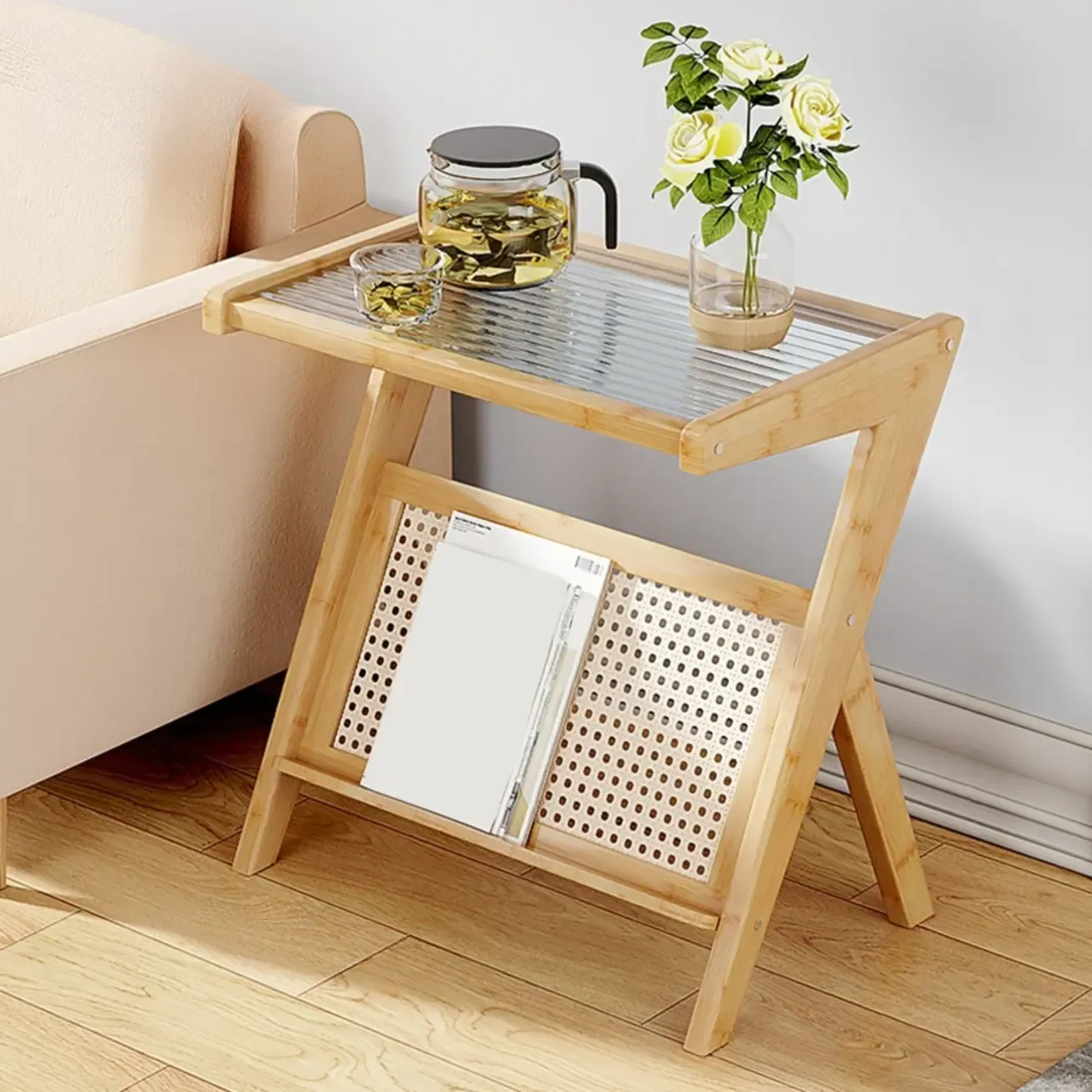 Glass Top Side Table with Magazine Rack for Living Room Image - 11