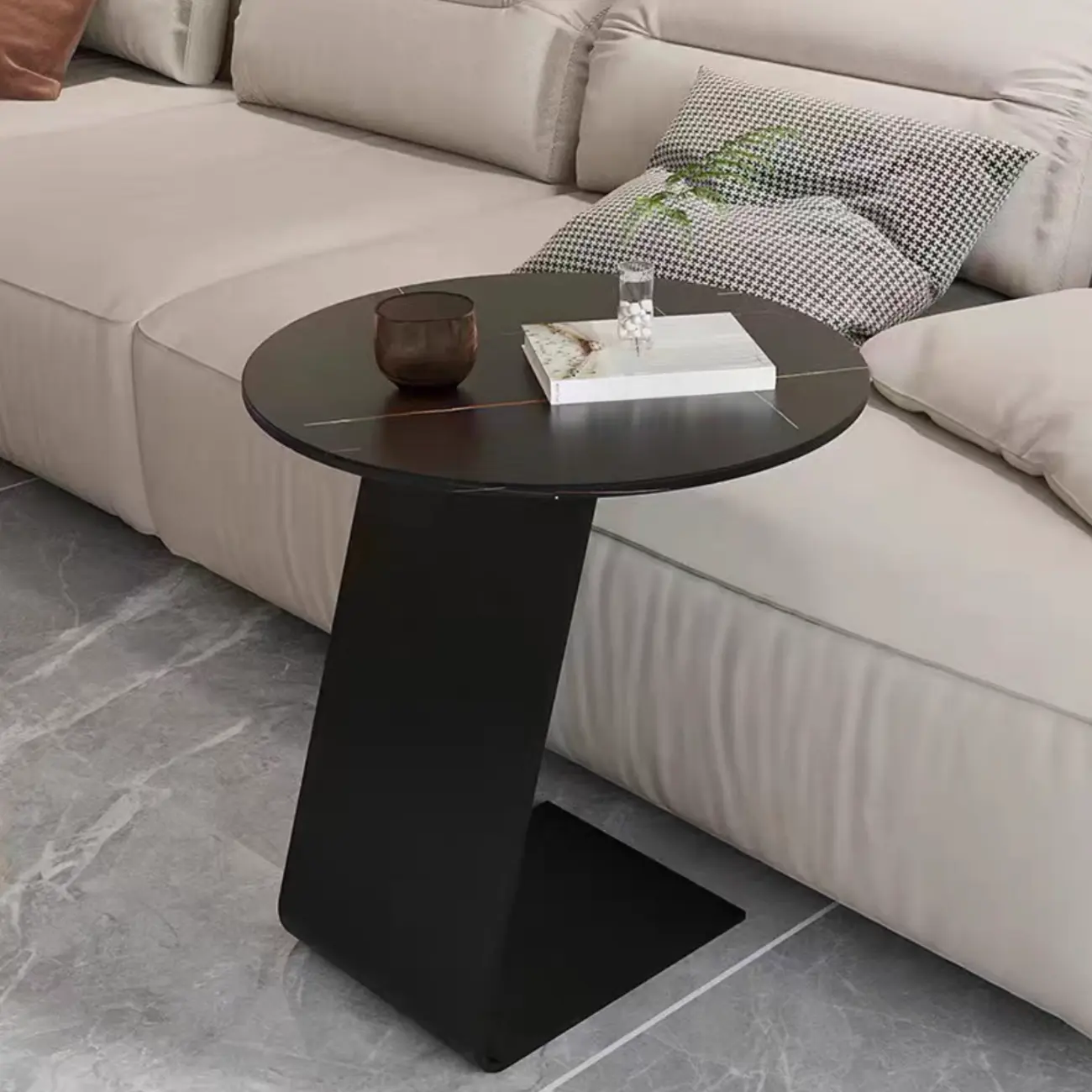Black Metal Base Round C-Shaped Marble Side Table for Couch Image - 5 | homeyfad
