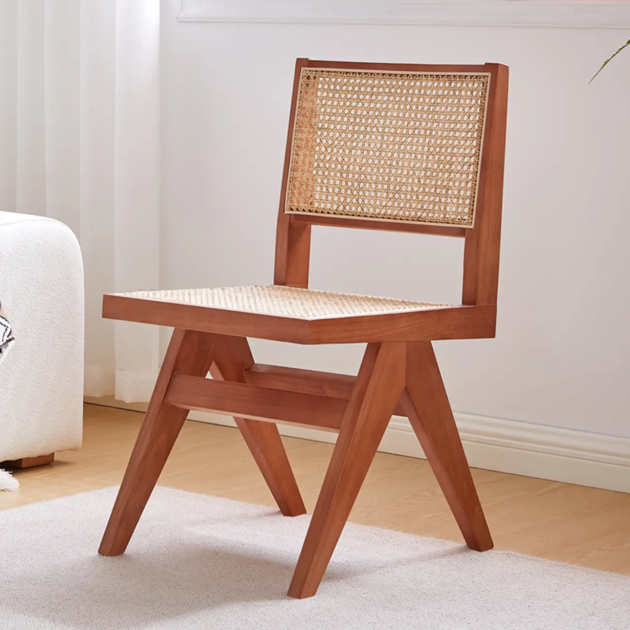 Natural Wood Armless Chair with Leather Upholstered Woven Back Image - 2 | homeyfad