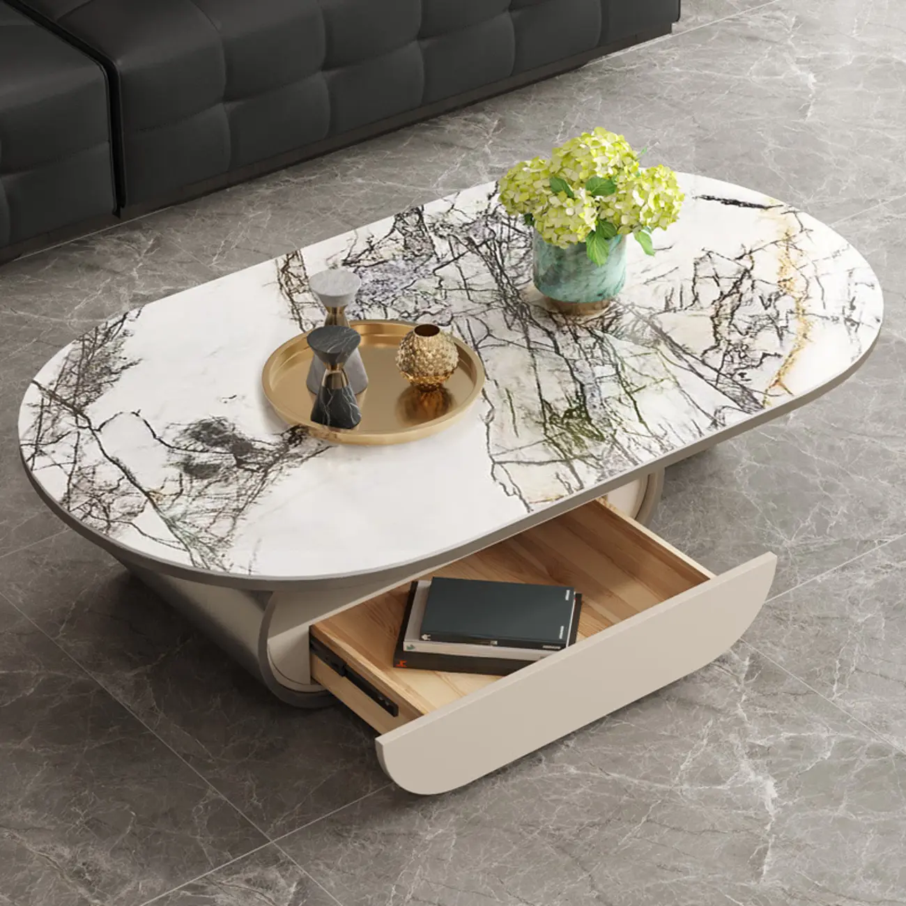 Contemporary Unique Marble Top Oval Coffee Table with Drawer – HomeyFad