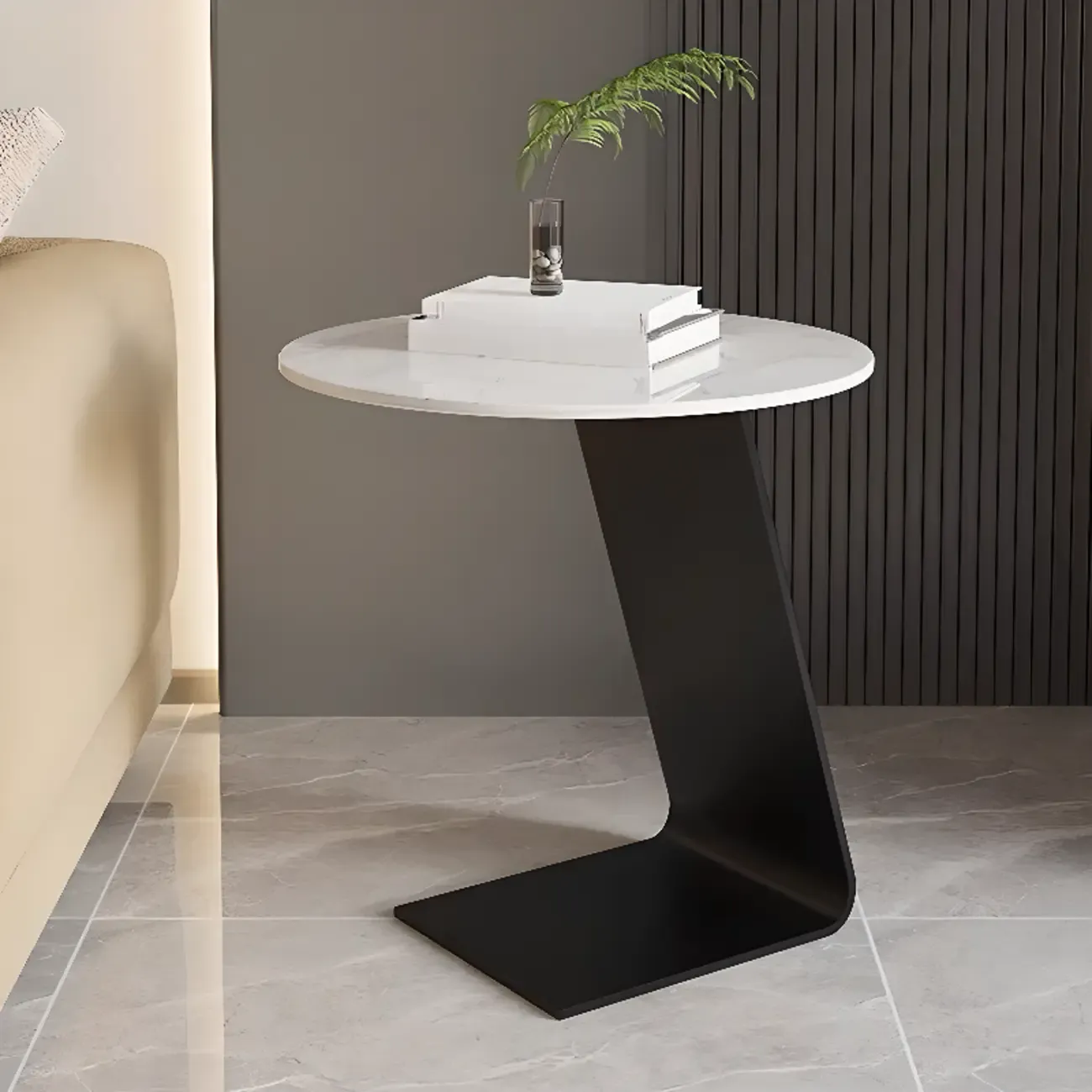 Black Metal Base Round C-Shaped Marble Side Table for Couch Image - 6