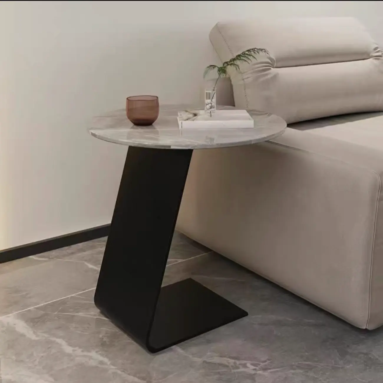 Black Metal Base Round C-Shaped Marble Side Table for Couch Image - 7 | homeyfad