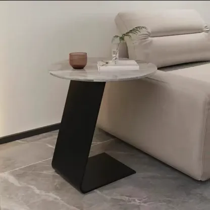 Black Metal Base Round C-Shaped Marble Side Table for Couch Image - 7