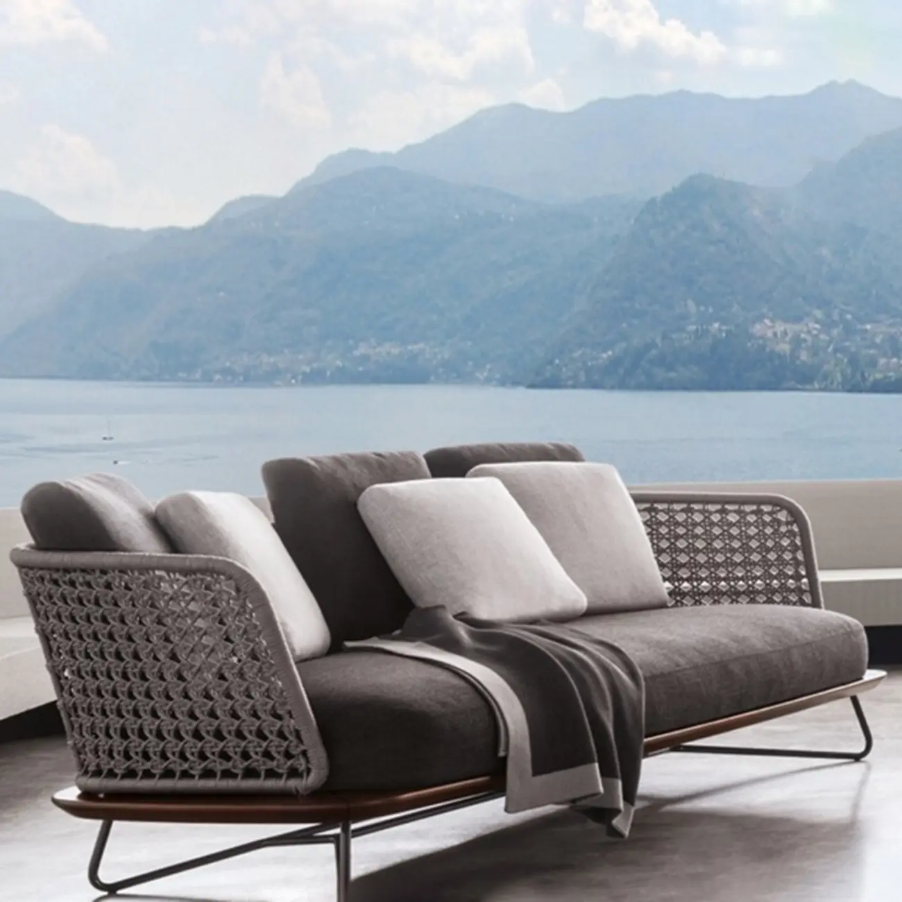 Modern Grey Rope Woven Patio Sofa with Wood Frame Image - 1 | homeyfad