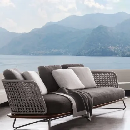 Modern Grey Rope Woven Patio Sofa with Wood Frame Image - 1