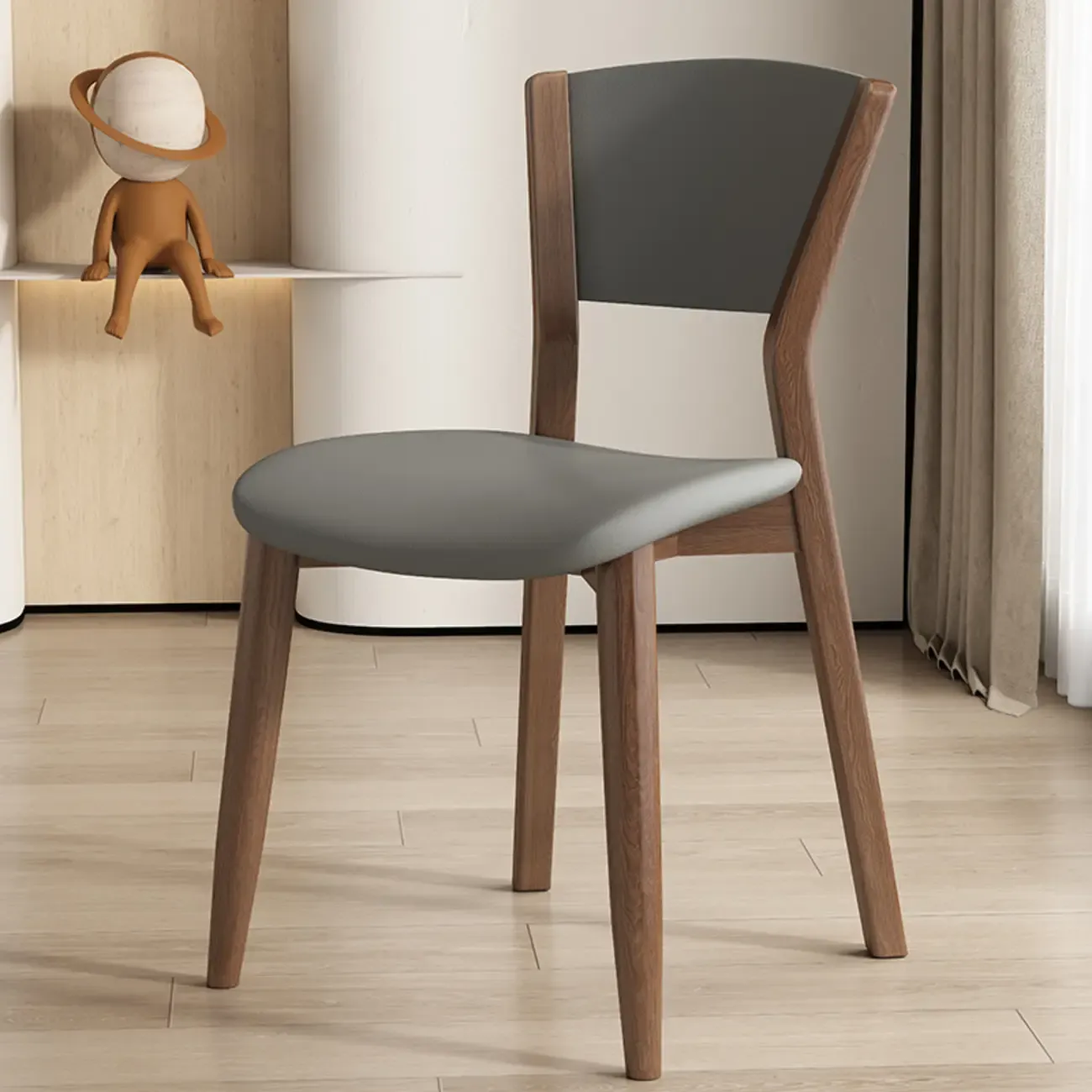 Simple Wooden Open Back Faux Leather Upholstered Dining Chair Image - 6