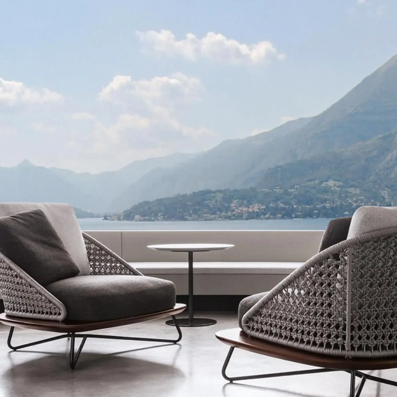 Modern Grey Rope Woven Patio Sofa with Wood Frame Image - 2