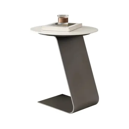 Black Metal Base Round C-Shaped Marble Side Table for Couch Image - 9