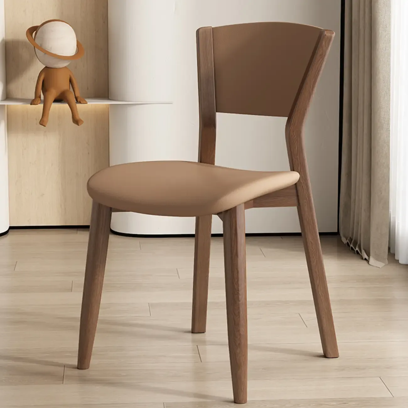 Simple Wooden Open Back Faux Leather Upholstered Dining Chair Image - 8