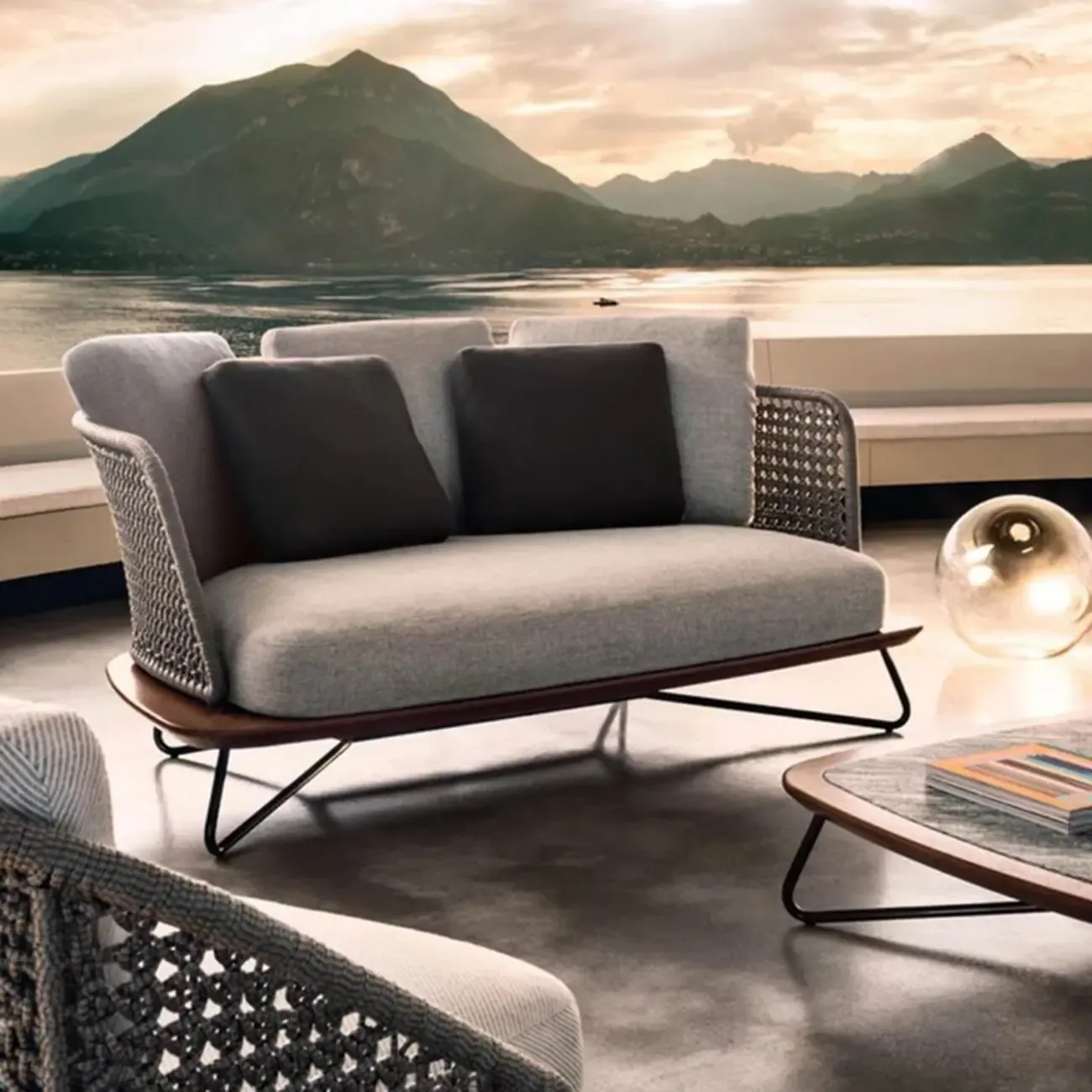 Modern Grey Rope Woven Patio Sofa with Wood Frame Image - 3