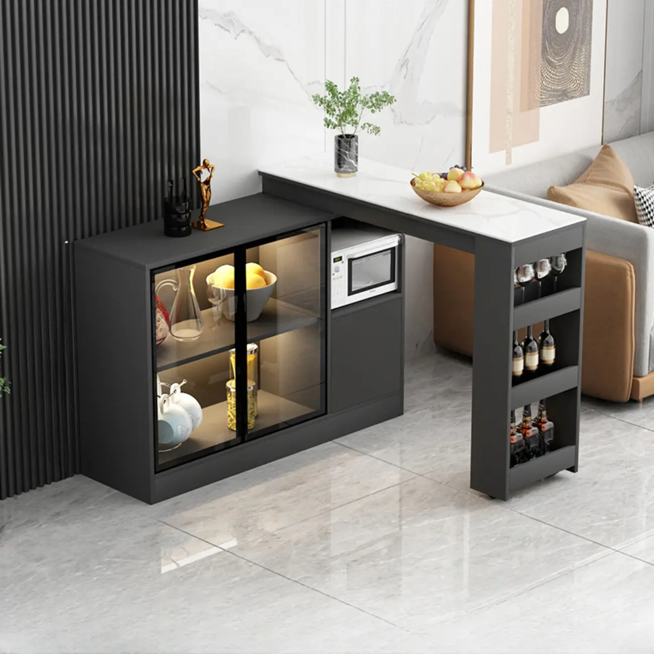 Modern Brown Counter Bar Table with Wine Cabinet Storage for Living Room Image - 3 | homeyfad