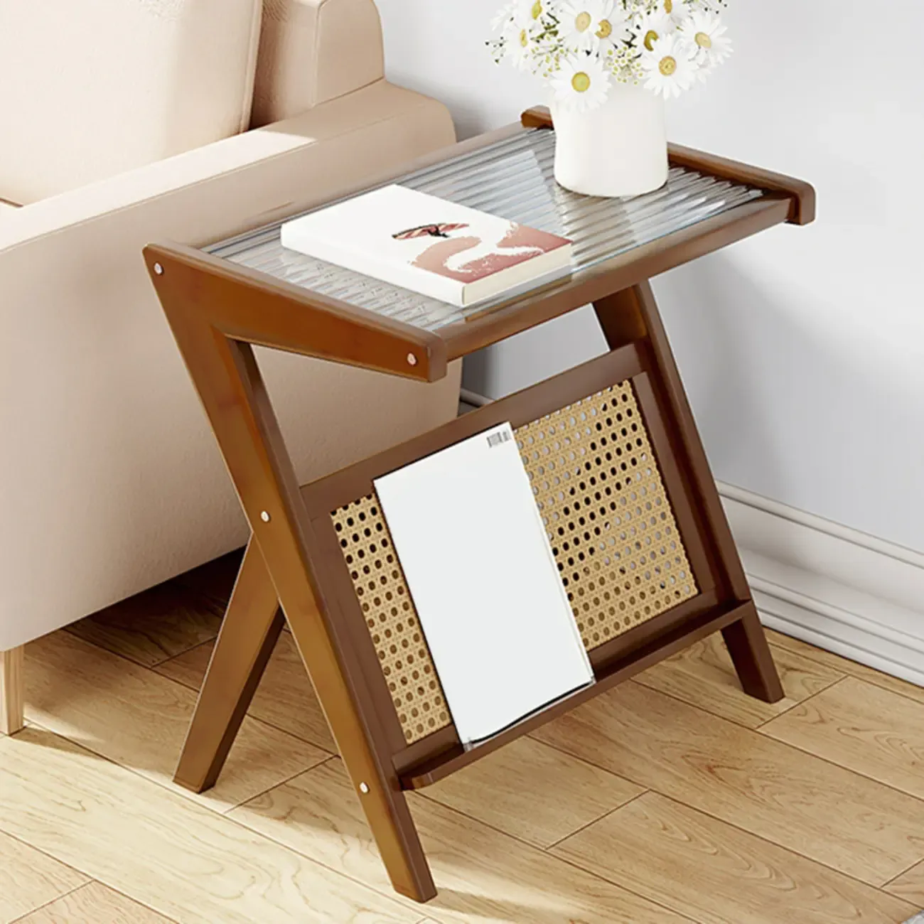 Glass Top Side Table with Magazine Rack for Living Room Image - 16