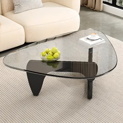 Triangular Glass Top Modern Wood Base Coffee Table Image - 4