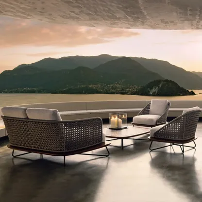 Modern Grey Rope Woven Patio Sofa with Wood Frame Image - 4