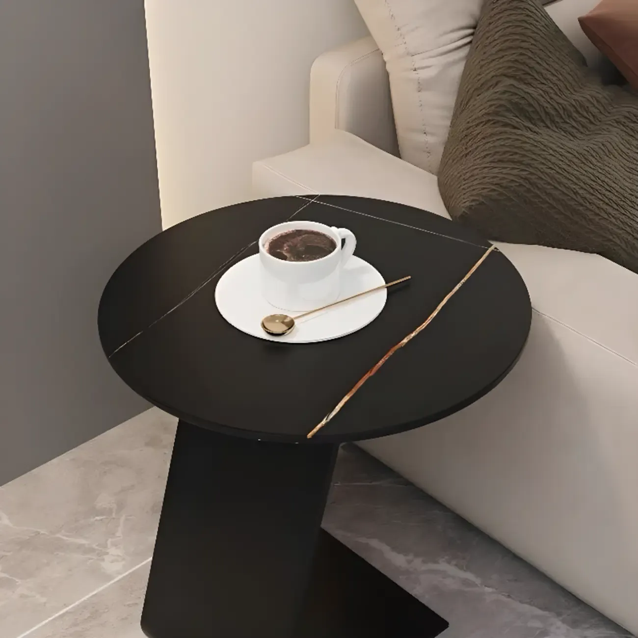 Black Metal Base Round C-Shaped Marble Side Table for Couch Image - 11