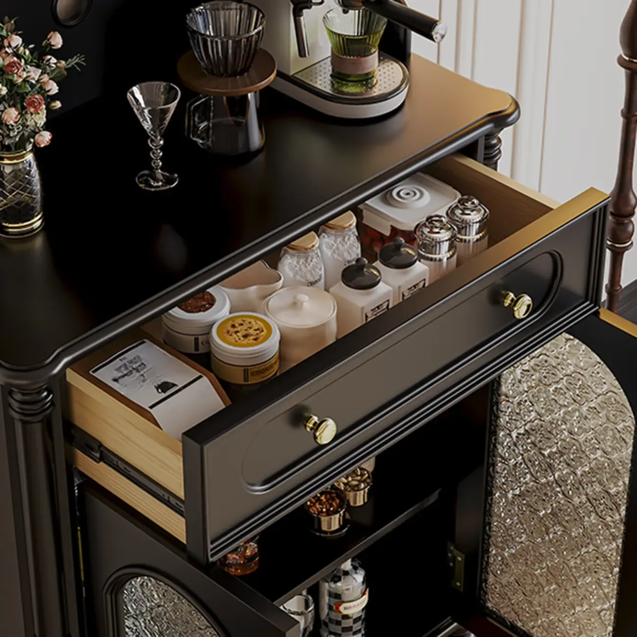 Wooden Display Cabinet with Stemware Shelf for Kitchen Image - 7