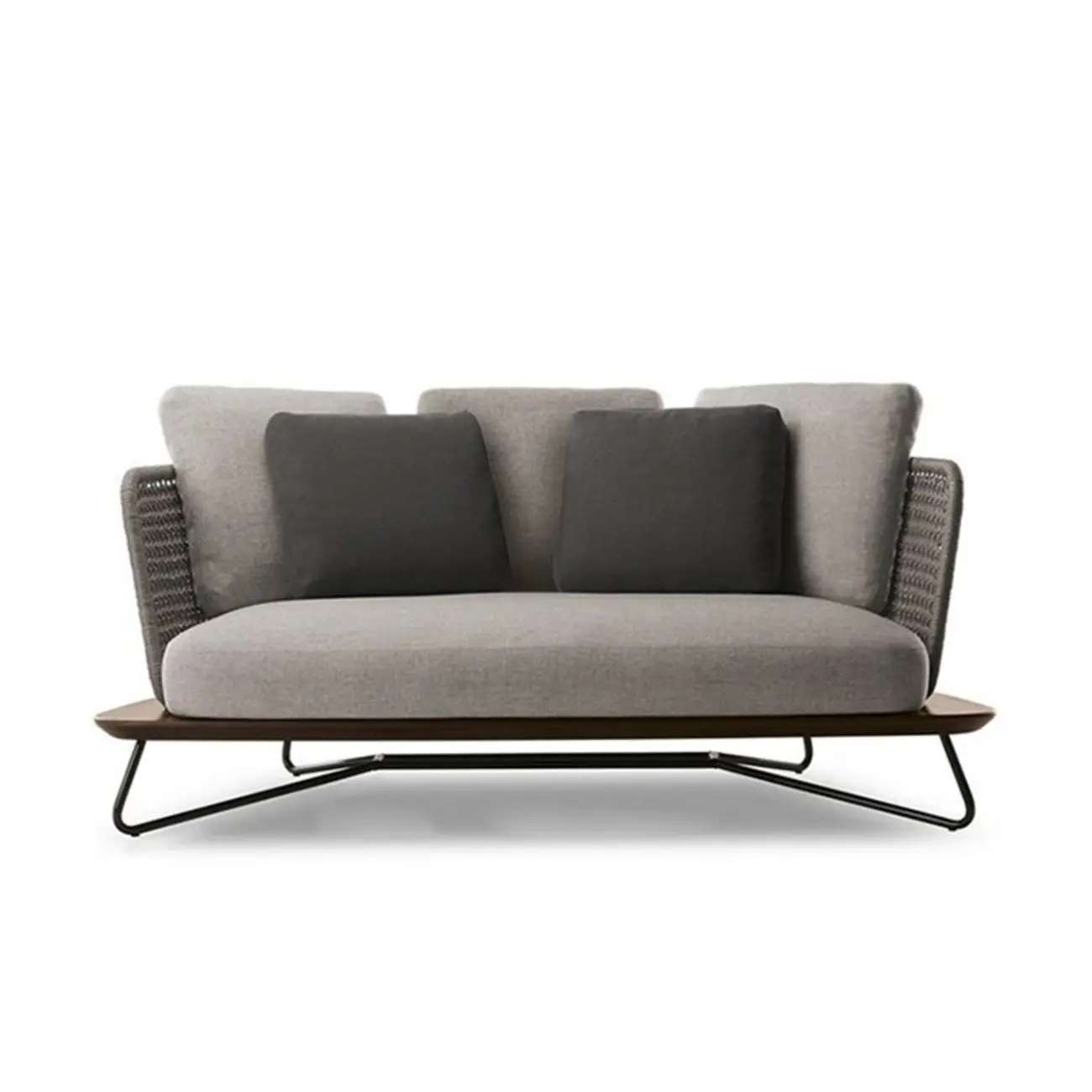 Modern Grey Rope Woven Patio Sofa with Wood Frame Image - 5 | homeyfad